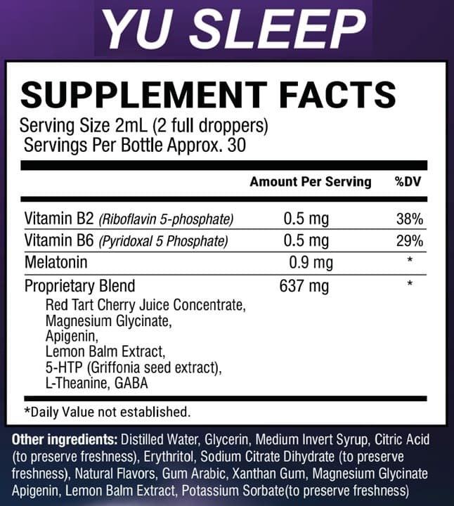 Yu Sleep Supplement Facts label showing serving size and full ingredient list